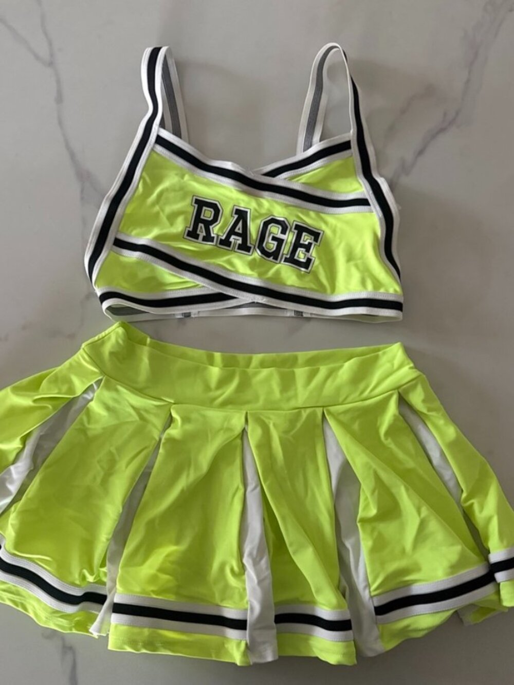Neon yellow-green “Rage” cheerleader crop bra top and skirt set